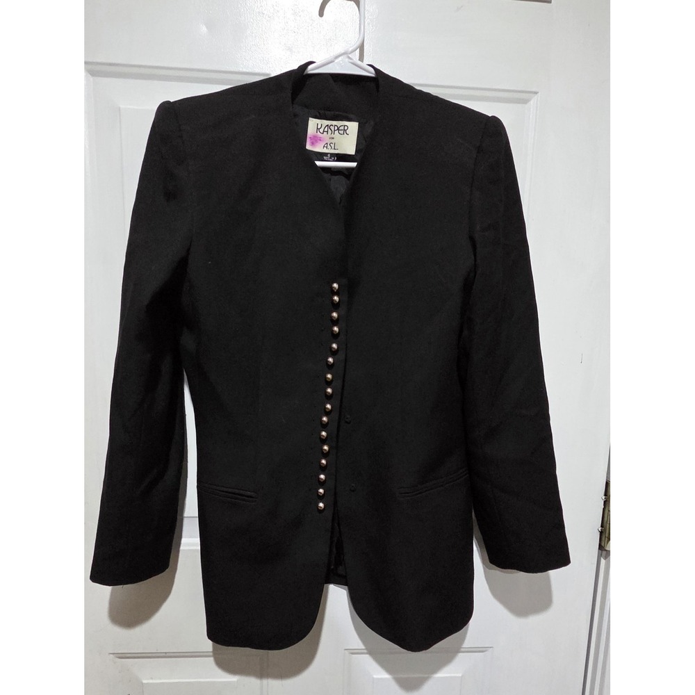 Kasper ASL Black Blazer W/Shoulder Pads & Metallic Decorative Buttons Women Sz 6